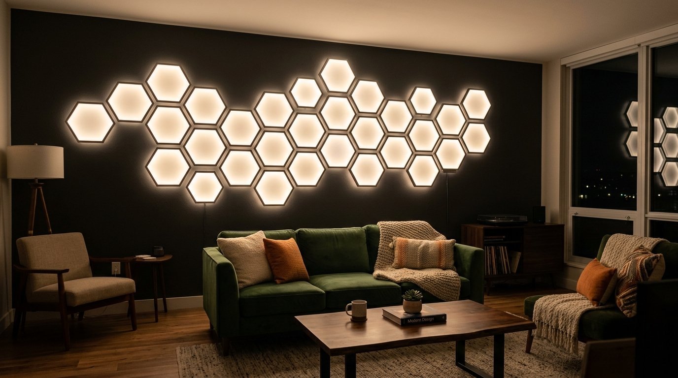 A dark living room wall decorated with a large arrangement of glowing white honeycomb-shaped LED light panels.