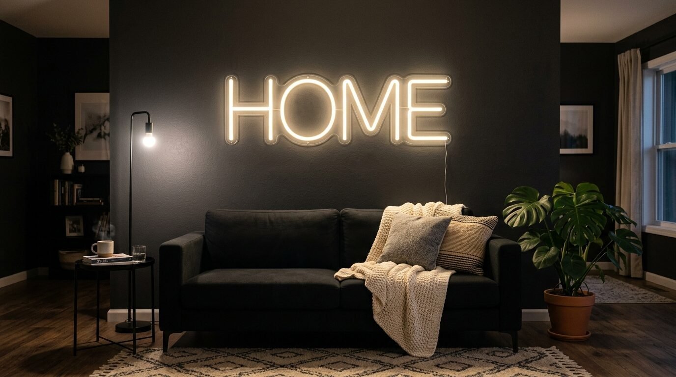 Dark modern living room with a black couch, throw blanket, and a bright neon sign that reads home.