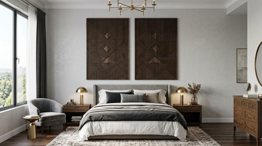Three wood shelves mounted on a white wall containing potted succulents, trailing vines, and various framed wall art.