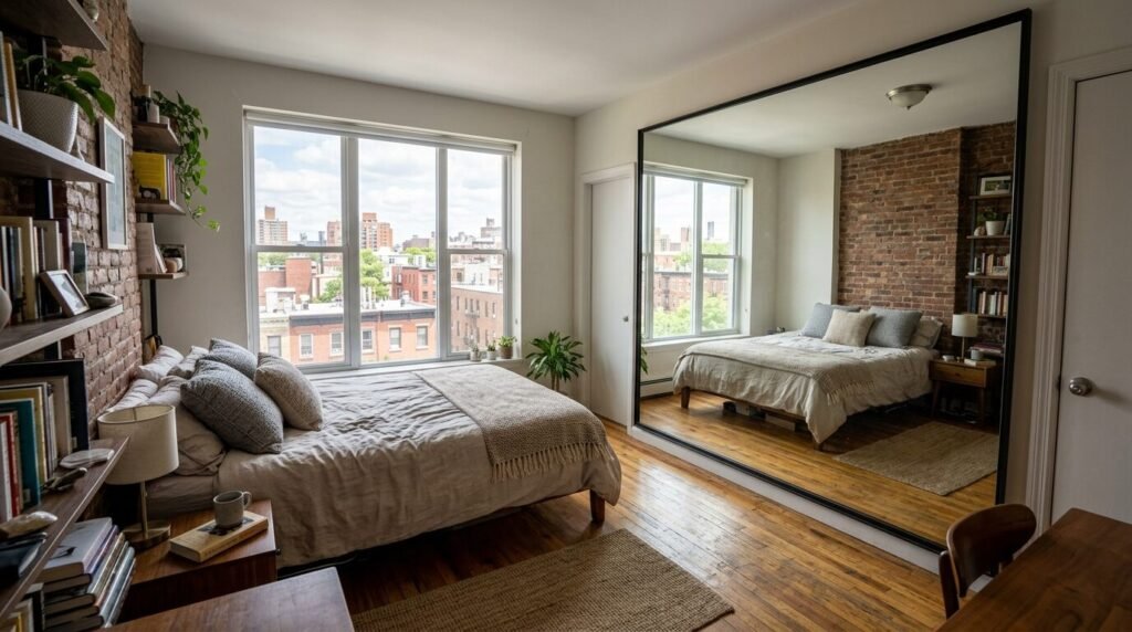 A bed made with white linens and a grey throw, featuring a tray with a book, mirror, and cup of coffee.