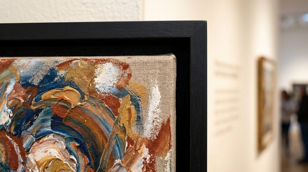 Top corner detail of an impasto style abstract painting displayed in a black floating frame at an art exhibition.