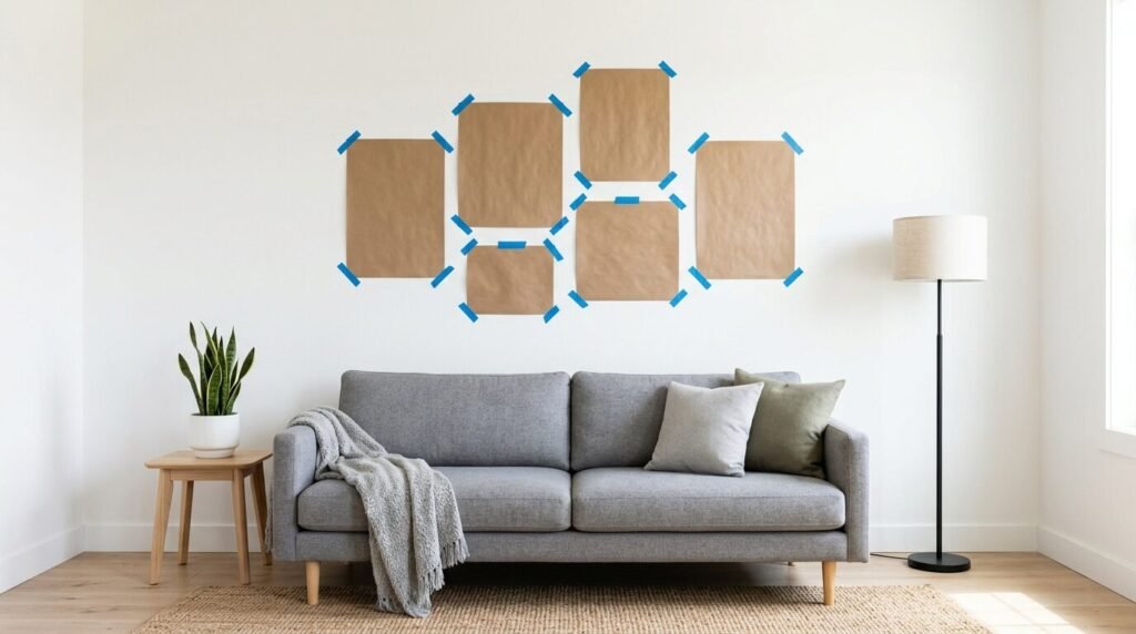 Brown paper craft templates taped to a wall to plan a gallery photo display.