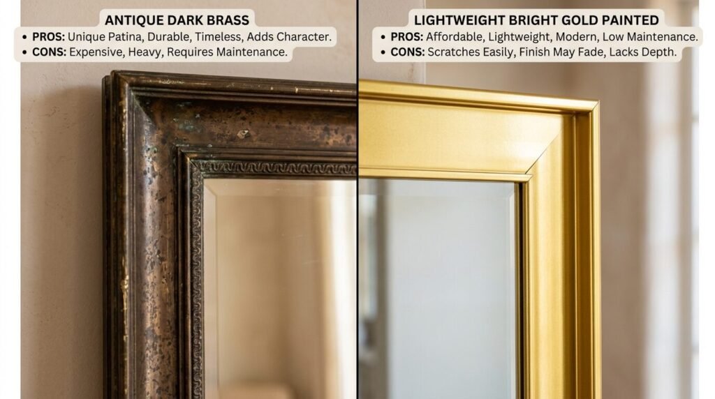 Close-up of a person using a laptop to view a table comparing four different vintage mirror shopping websites.