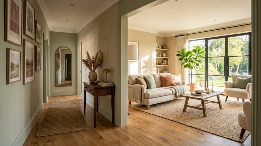 Cozy living room with a rustic timber mantelpiece above a roaring fireplace and grey couch.