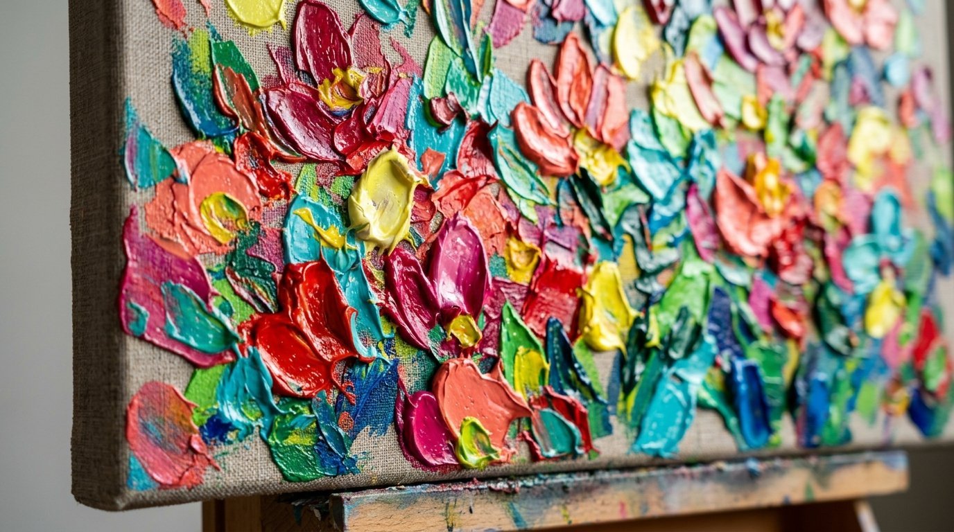 Close-up of a canvas showing colorful flower petals applied with heavy palette knife oil paint strokes.