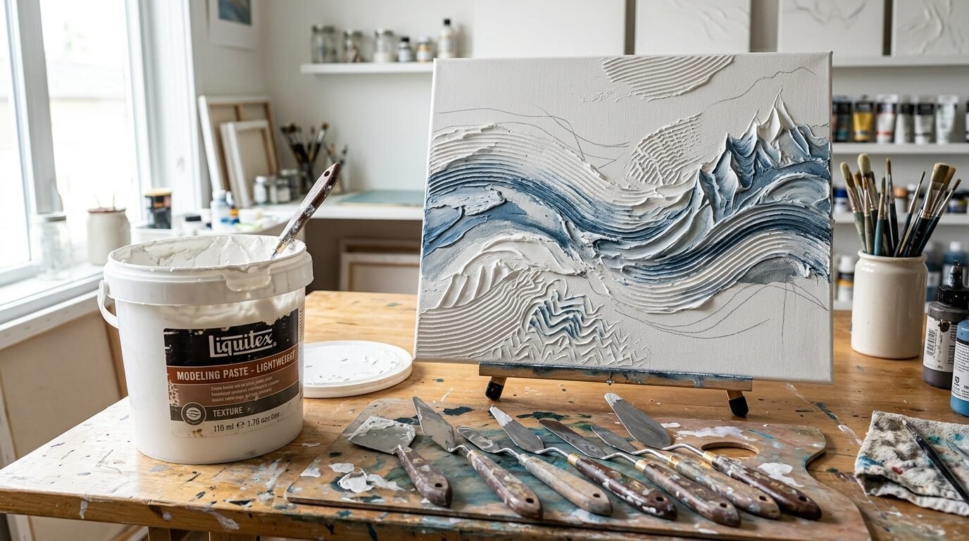A canvas with raised modeling paste showing abstract mountains and waves sitting on a desk with palette knives.
