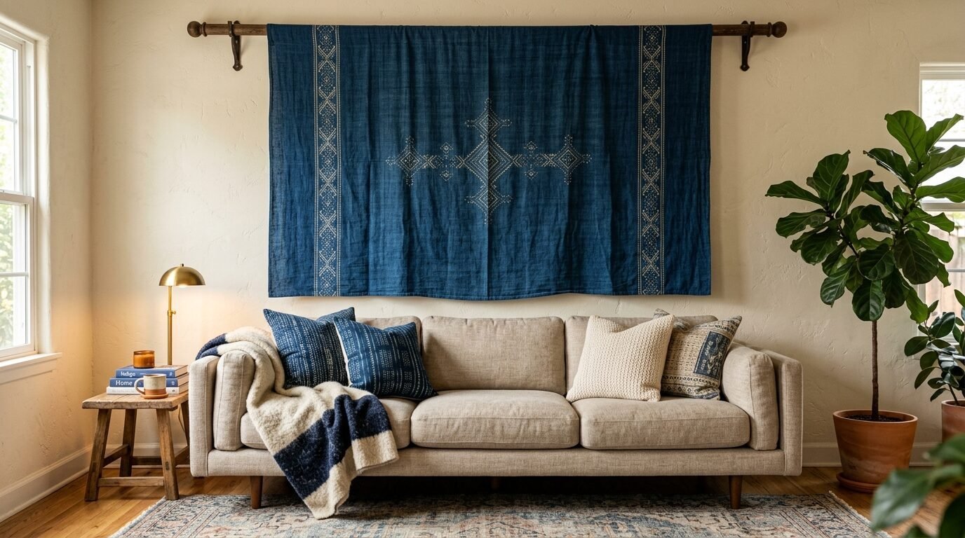 Neutral couch topped with blue patterned throw pillows and a hanging indigo fabric featuring geometric embroidery.