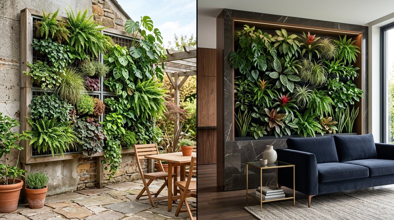 Split view showing a stone patio vertical planter on the left and a luxury indoor marble green wall on the right.