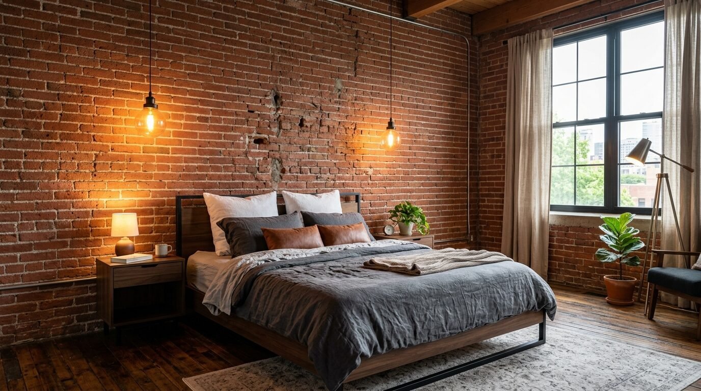 A bed with grey bedding sits in front of a rustic red brick wall with two glowing hanging pendant lights.
