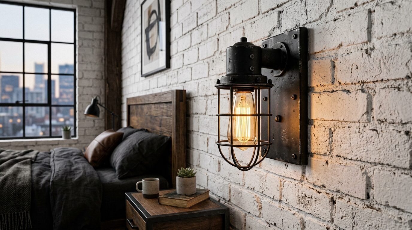 A dark metal industrial wall sconce with a glowing Edison bulb mounted on a white brick wall.