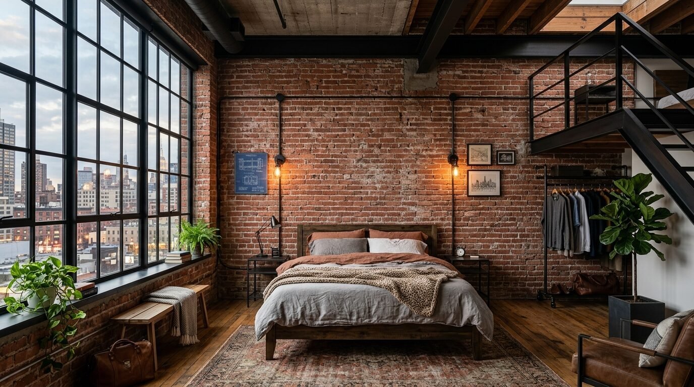 A modern loft bedroom featuring a brick wall, large windows, city view, and a wooden bed frame.
