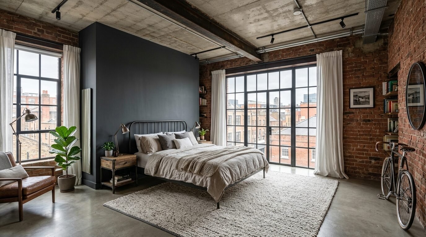 Spacious bedroom with an iron bed, exposed brick walls, and large floor-to-ceiling windows overlooking a city skyline.
