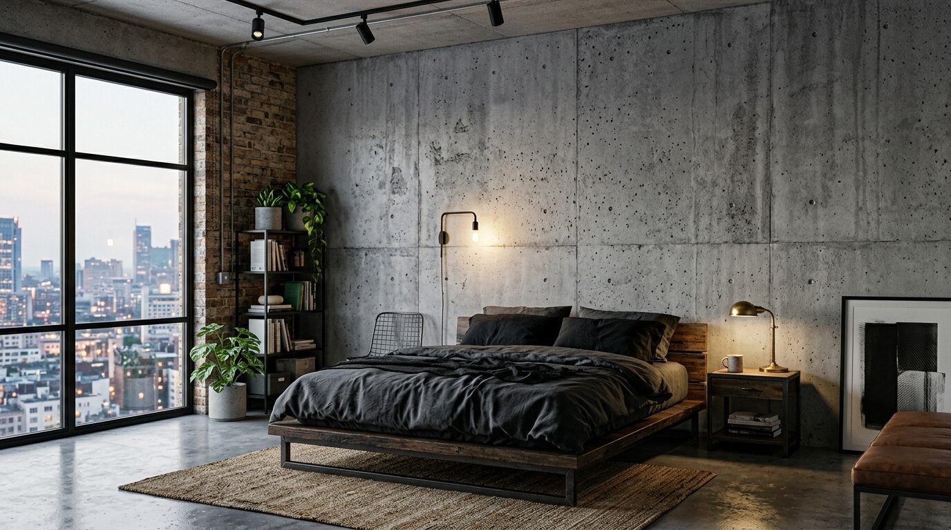Contemporary bedroom with dark bedding, concrete feature wall, and tall windows overlooking a bright city skyline.