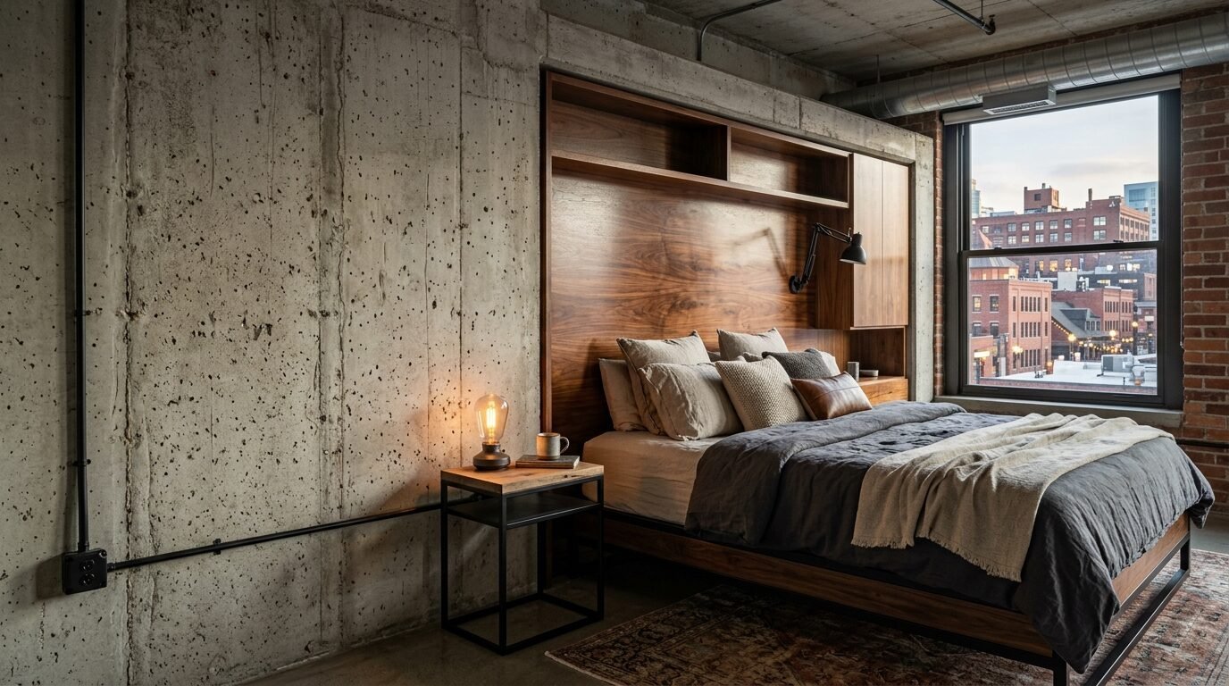 A cozy bedroom with concrete walls, a wooden bed frame, and large city view window.