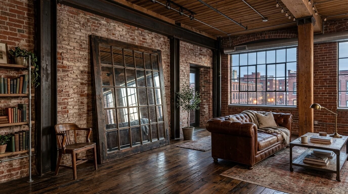 Spacious apartment living room with exposed brick walls, large windowed mirror, and a tufted brown leather couch.
