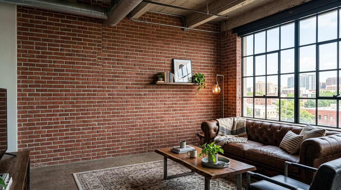 A rustic leather sofa sits by large industrial windows in a room with an exposed brick wall and concrete ceiling.