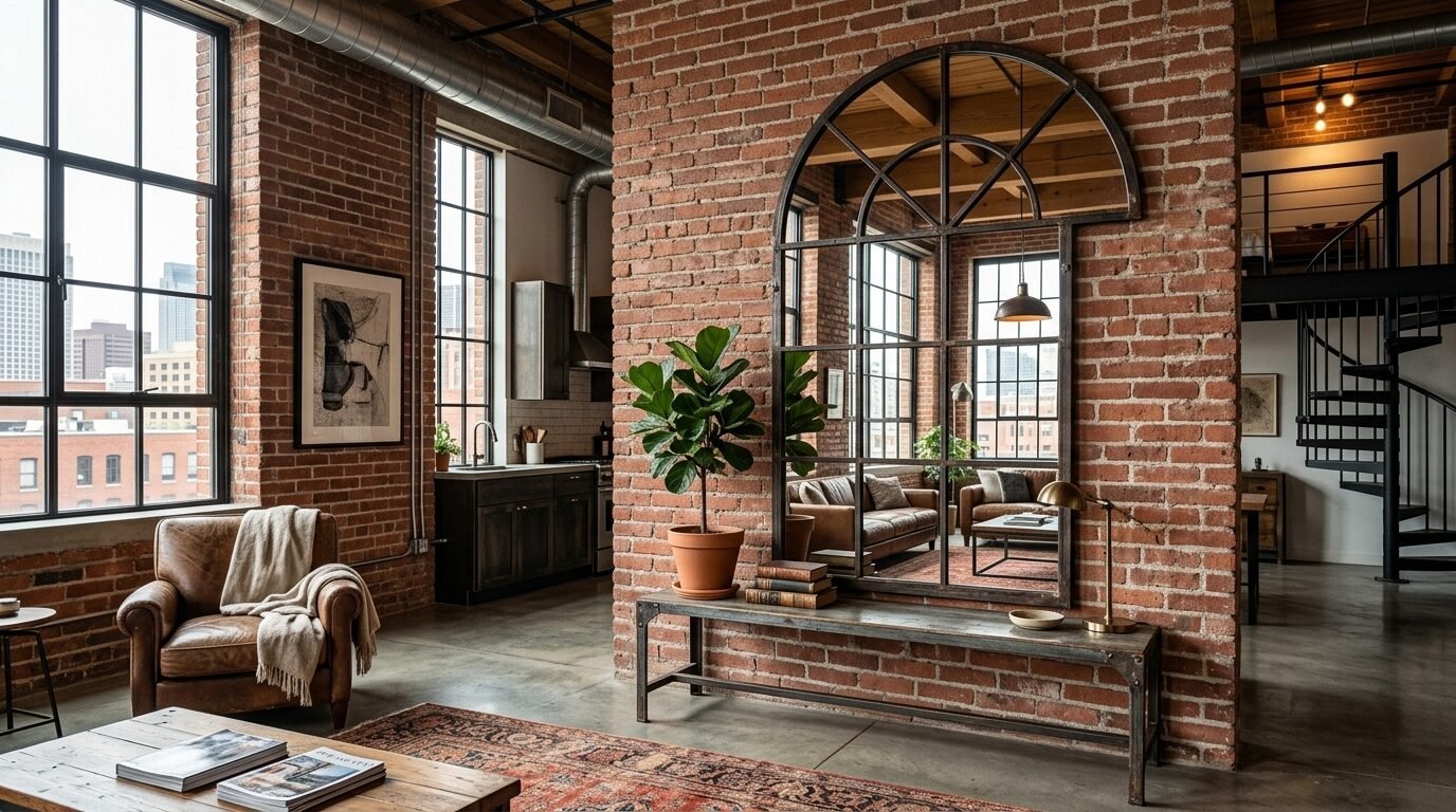 Large arched metal-framed mirror hanging on a red brick wall in a spacious industrial loft apartment living area.