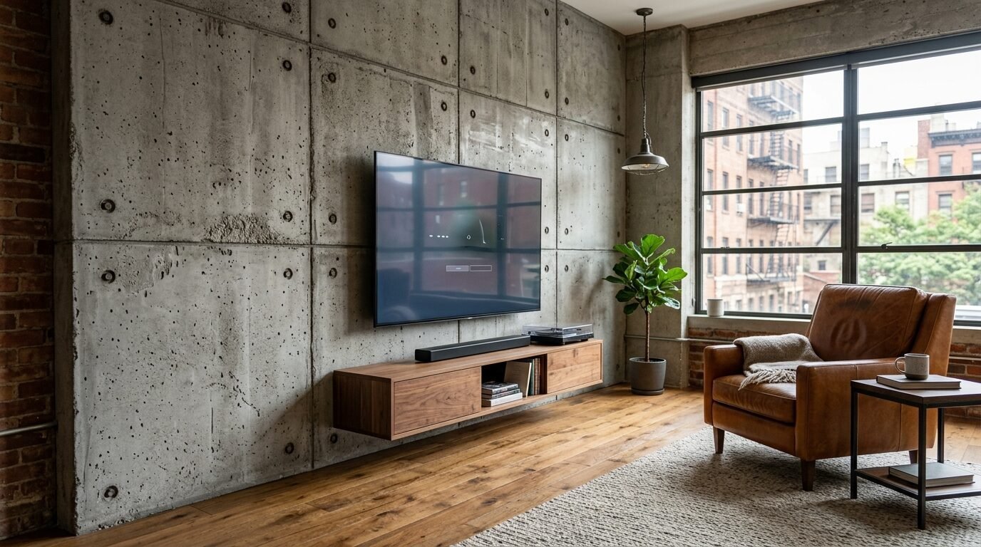 Modern apartment interior with concrete walls, flat screen TV, floating wood console, and a brown leather lounge chair.