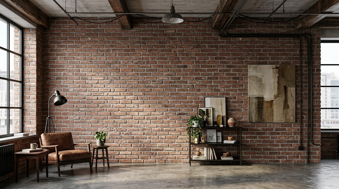 A brown leather chair and bookshelf against an exposed red brick wall in a converted industrial loft space.