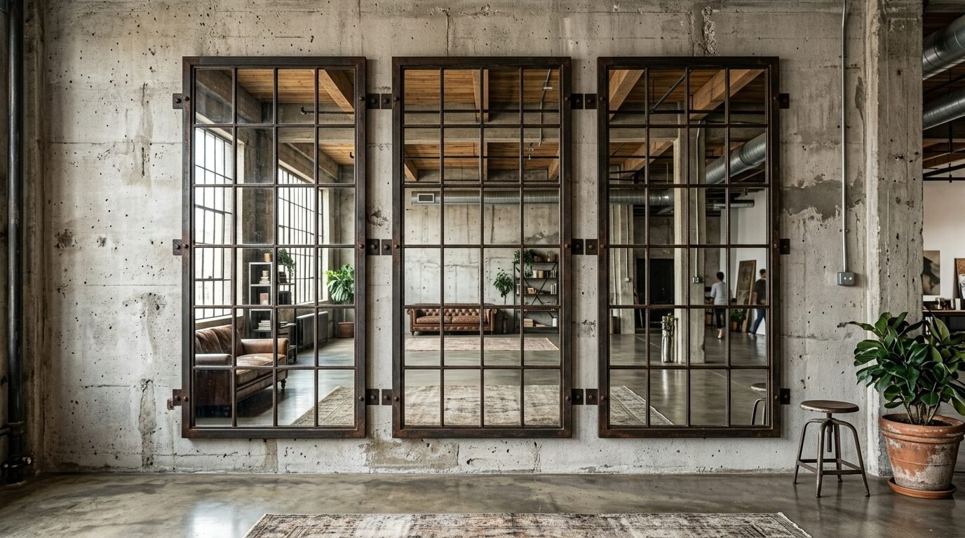 Reflective glass panels with black iron frames reflecting an open industrial living space with leather furniture.