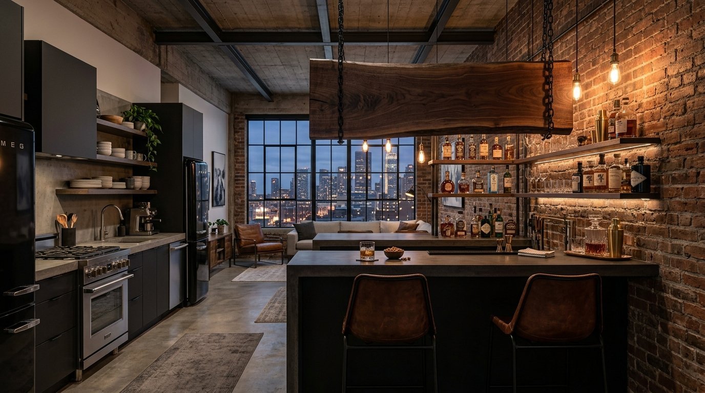 A luxury open-concept kitchen featuring brick walls, black cabinetry, concrete counters, and a downtown skyline view.