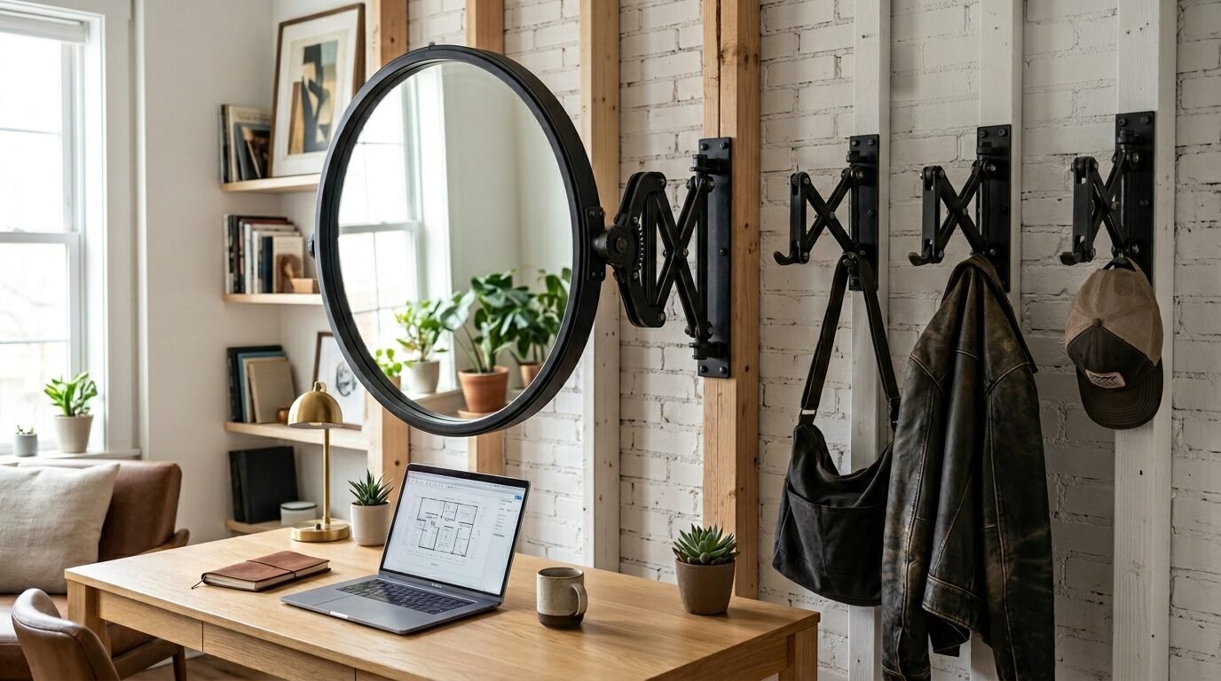 Round black mirror and wall hooks on a white brick wall above a laptop on a wooden desk.