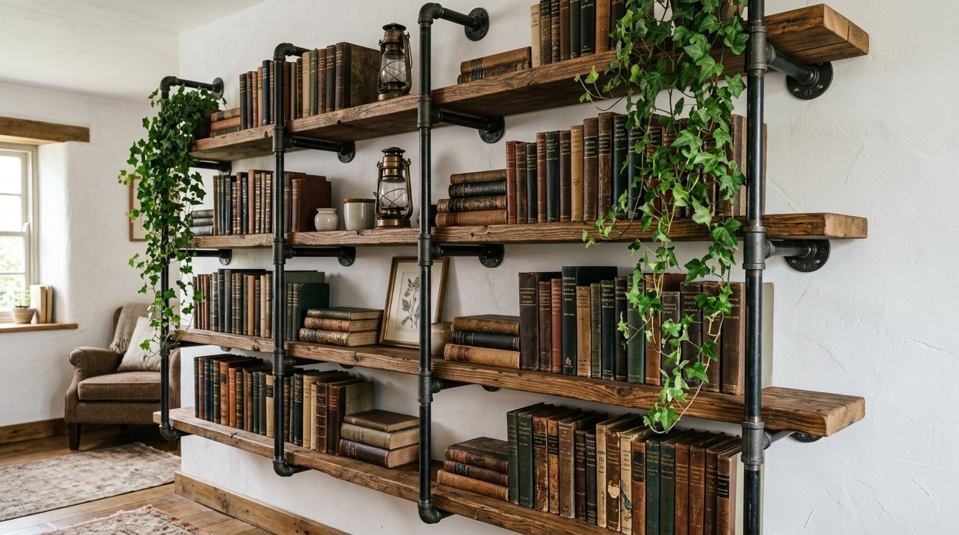 Large wooden shelves mounted with black iron pipes, filled with old books and cascading green ivy plants.