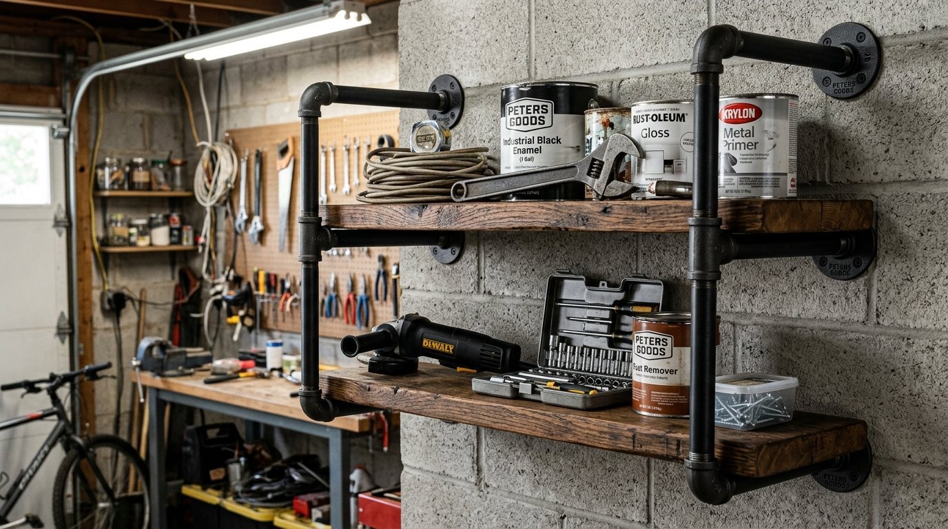 Two-tier shelves made from wood planks and black iron pipes holding paint cans, tools, and hardware in a workshop.
