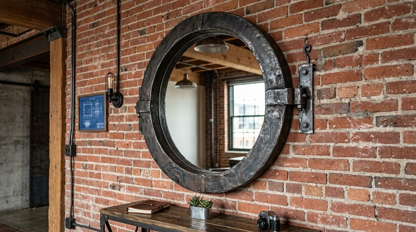Round metal porthole mirror hanging on a rustic red brick interior wall in a loft space.