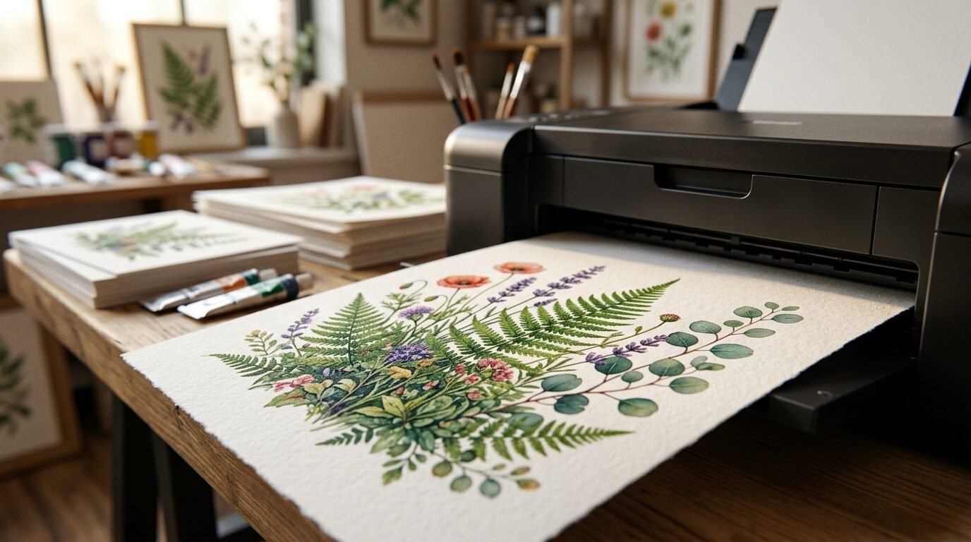 Close-up of a black printer outputting a textured paper with a colorful watercolor illustration of ferns and flowers.
