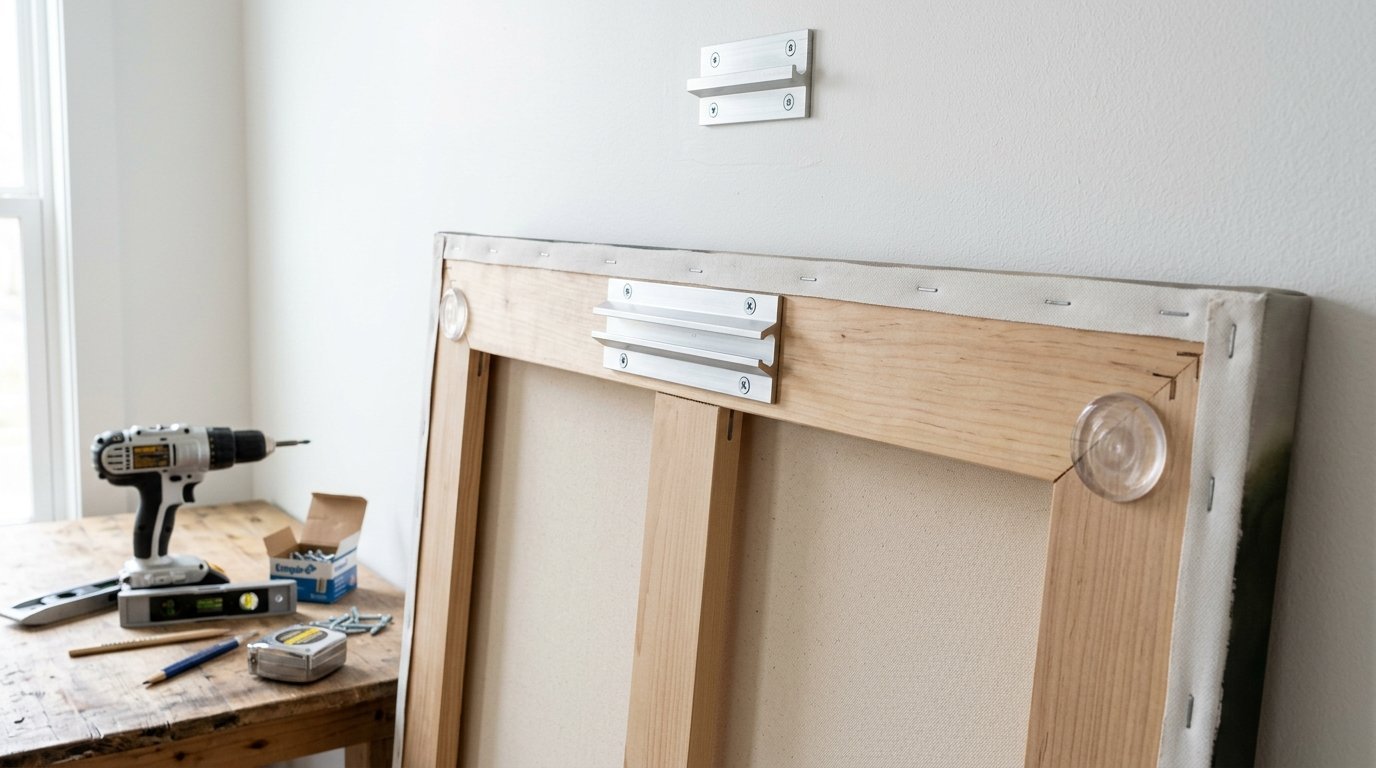 Close up of aluminum wall mounting bracket and matching hardware installed on a wooden canvas stretcher bar.