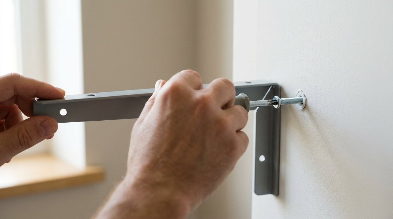 Close up of hands using a screwdriver to attach a grey L-shaped support bracket to a white wall.