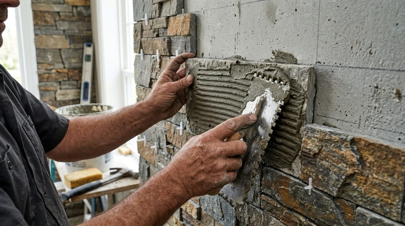 Close up of hands using a notched trowel to spread mortar onto a stacked stone tile during home construction.