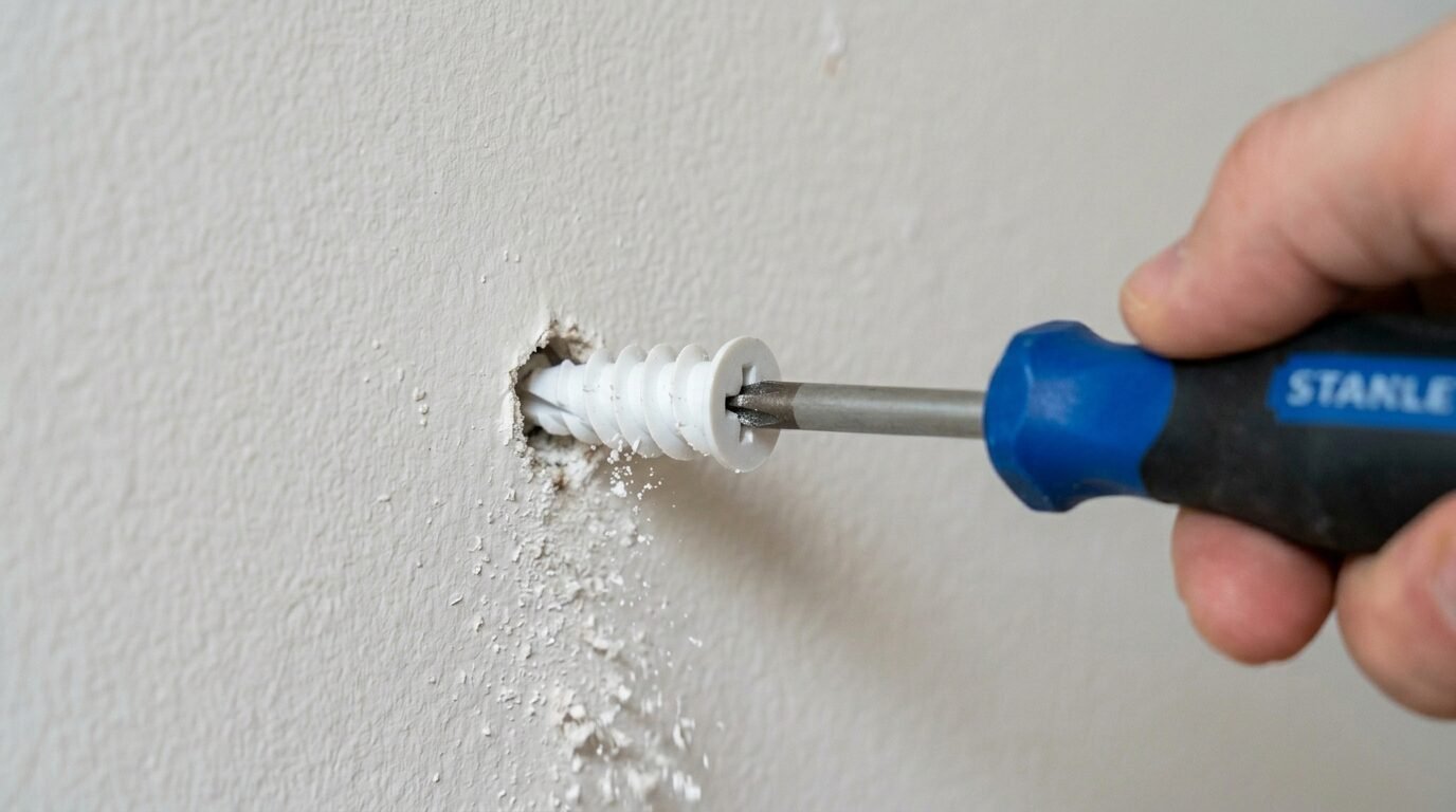 Close-up of a screwdriver inserting a white threaded drywall anchor into a hole in a plaster wall.
