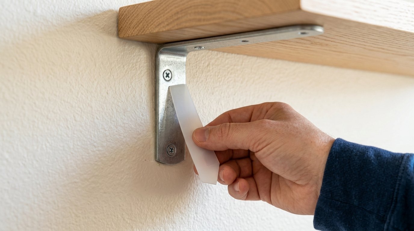 Close-up of a hand sliding a white plastic piece over a metal L-bracket under a shelf.