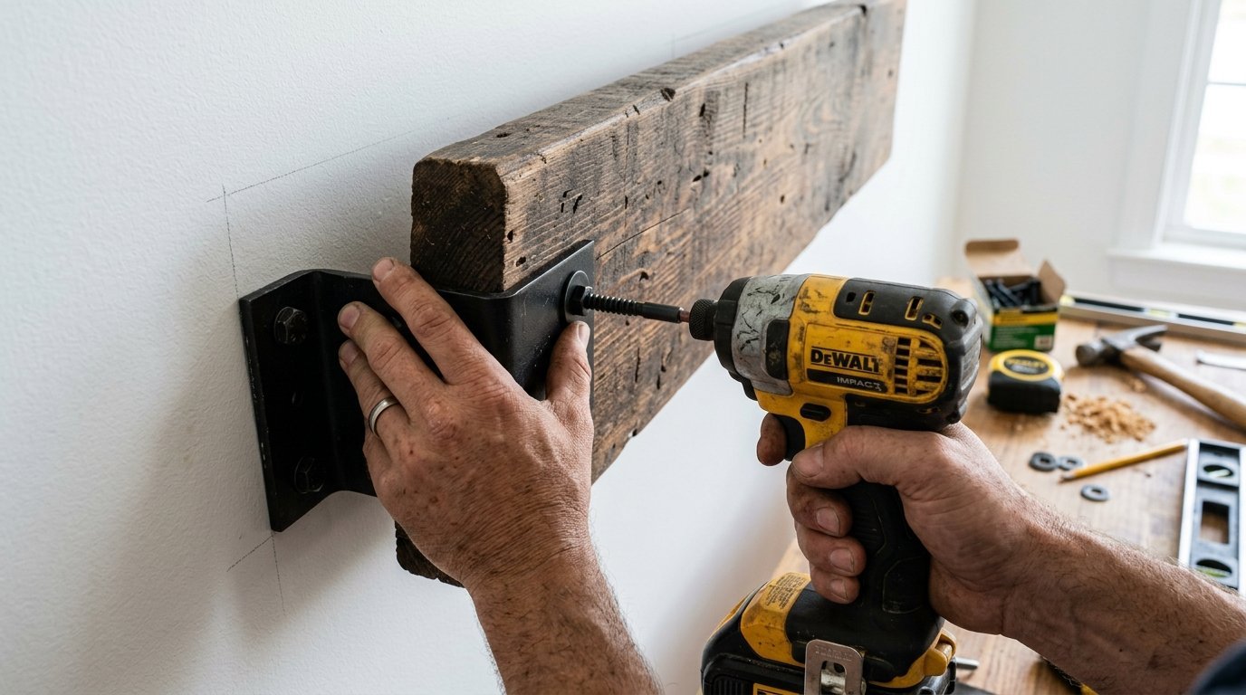 Person holding a heavy wood shelf in place while drilling a screw into a metal bracket.