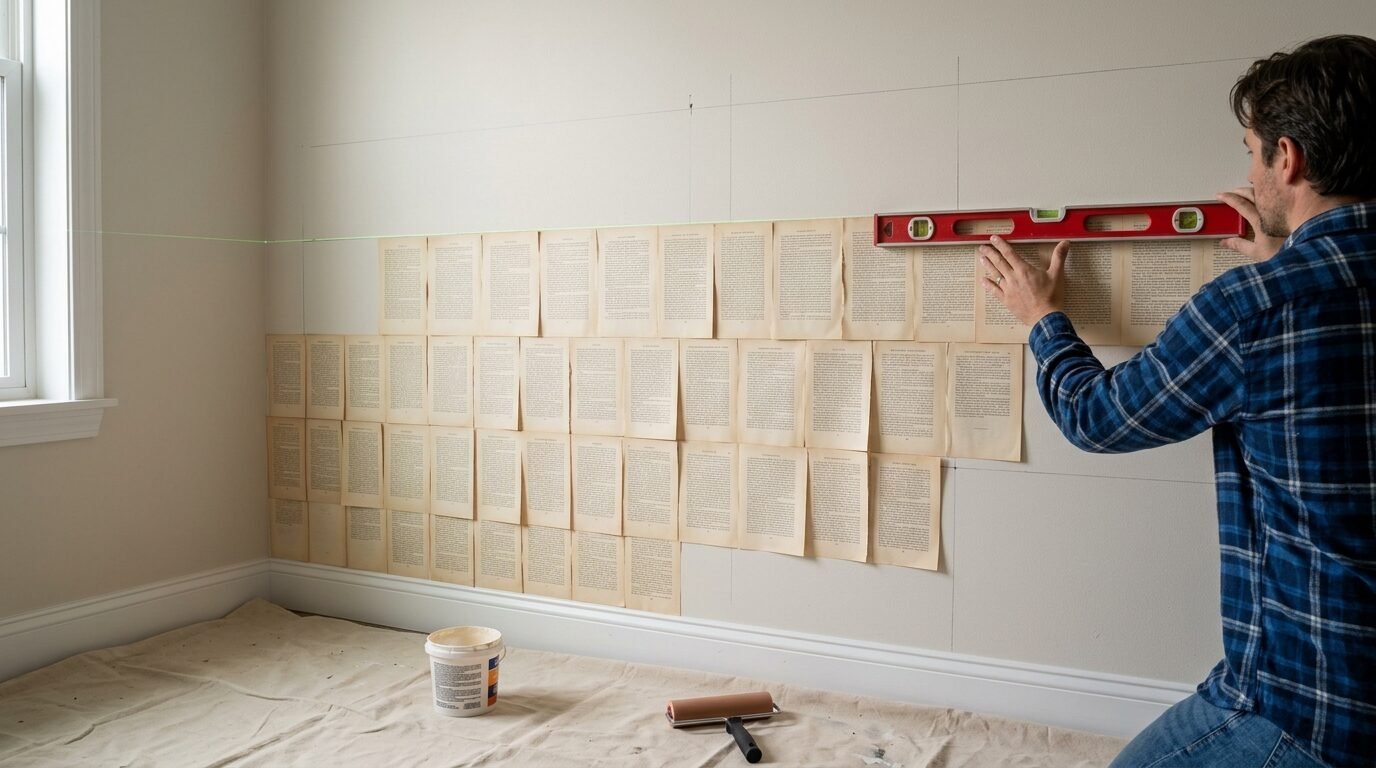 DIY project applying aged paper book pages to a wall using a red leveling tool for alignment.