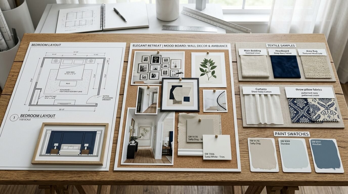 An interior design board featuring room floor plans, fabric swatches, paint chips, and framed inspiration photos.