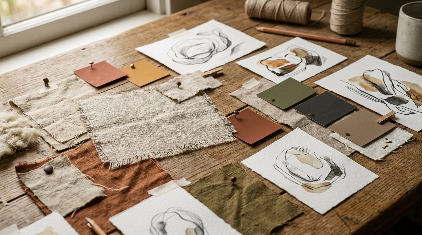 Top-down view of a rustic wooden desk with fabric scraps, color swatches, and hand-drawn art.