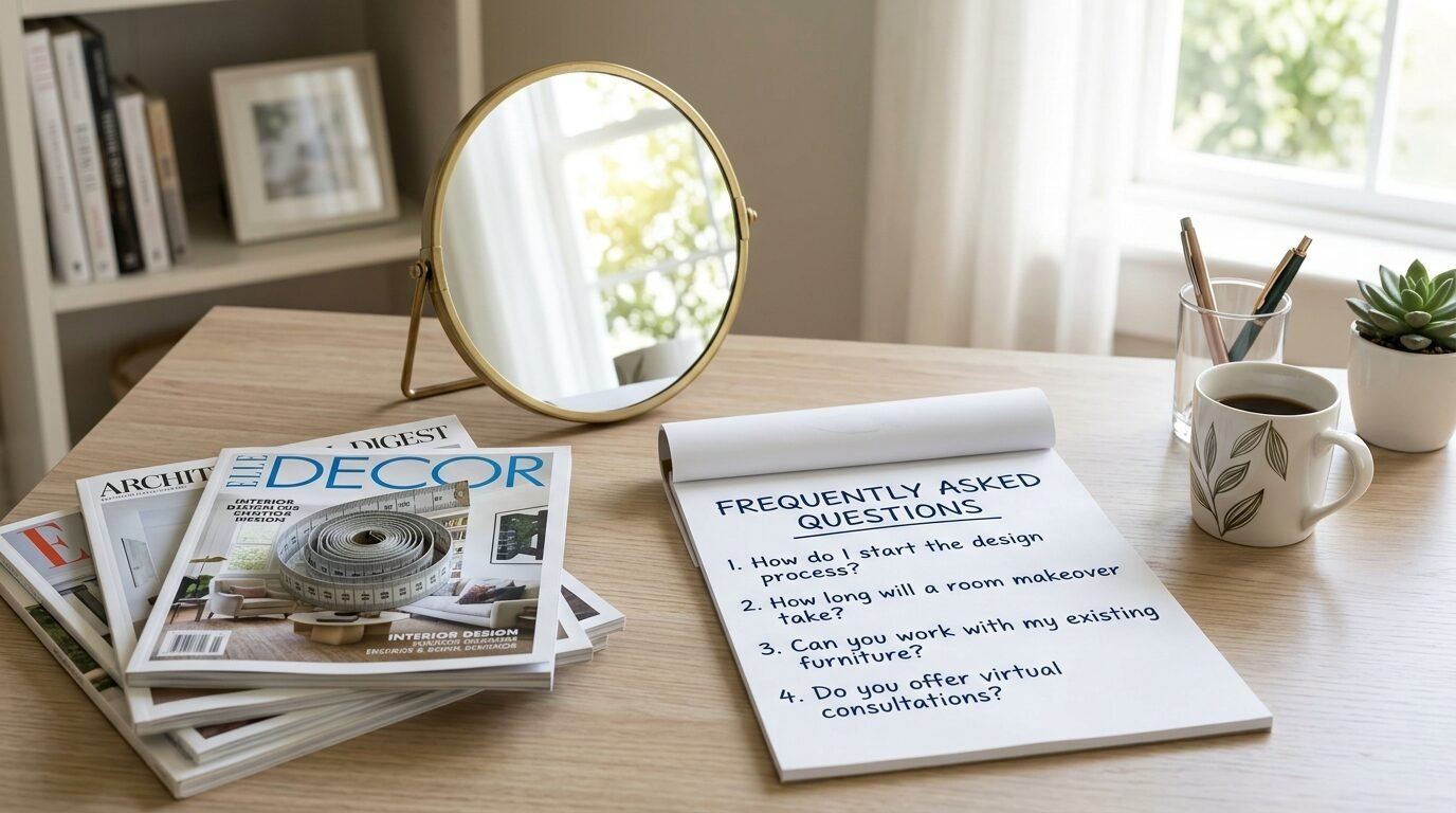 A desk with a gold round mirror, coffee mug, and a notepad listing frequently asked questions for interior design.