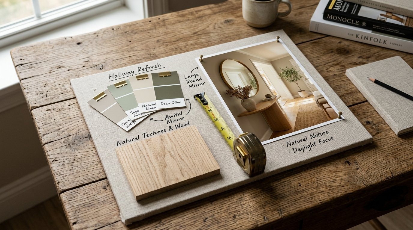 A beige linen display board with paint swatches, a wood block, a tape measure, and a photo of a modern hallway.