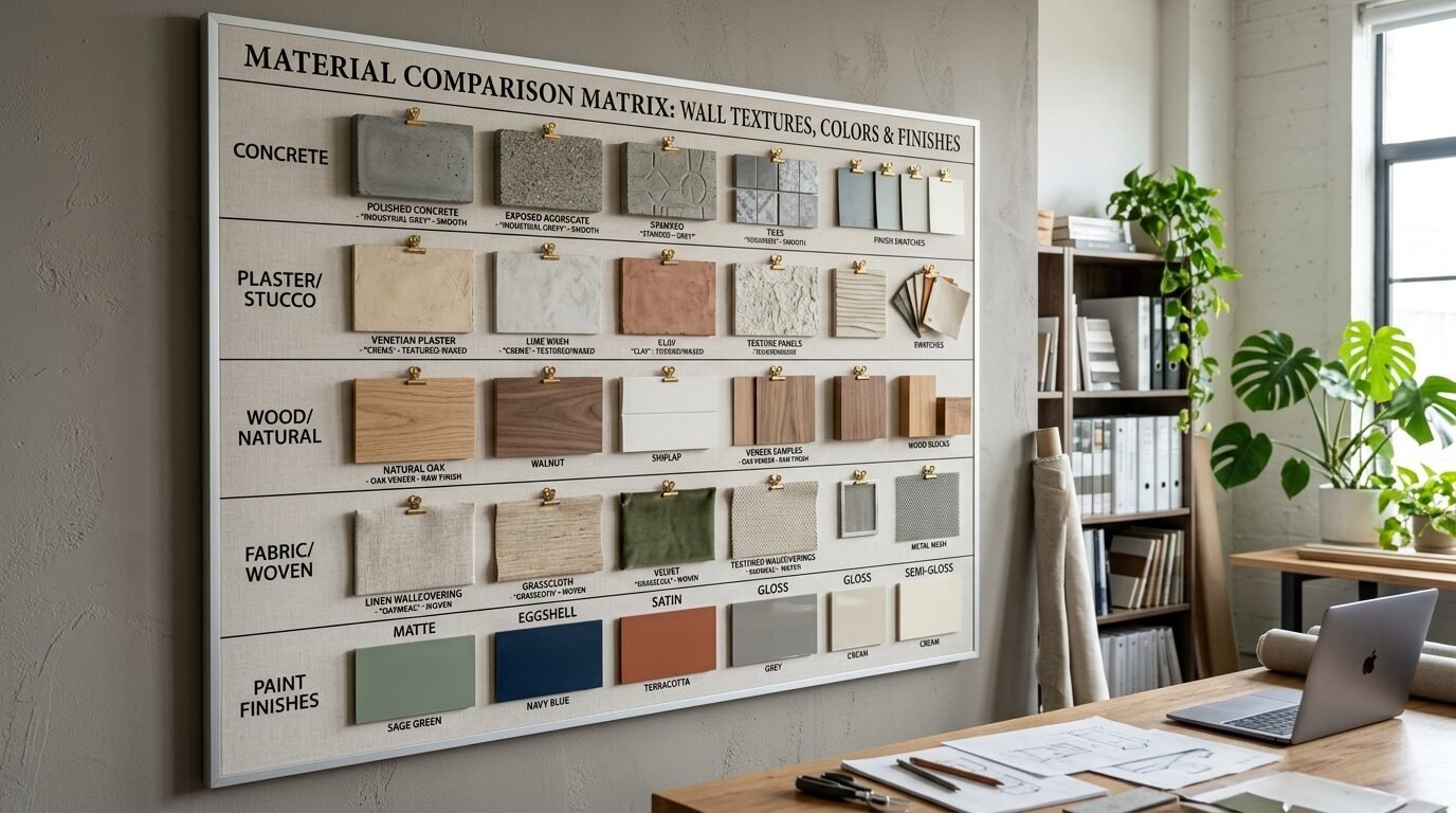 A wall-mounted display board showing various concrete, plaster, wood, fabric, and paint finish samples for interior design.