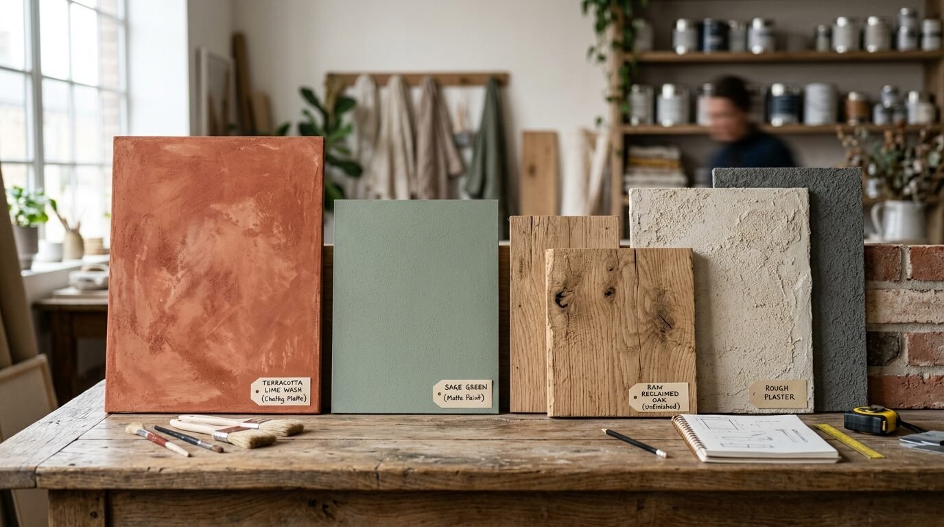 Material sample boards including terracotta lime wash, sage paint, raw oak, and plaster textures on a wooden workbench.
