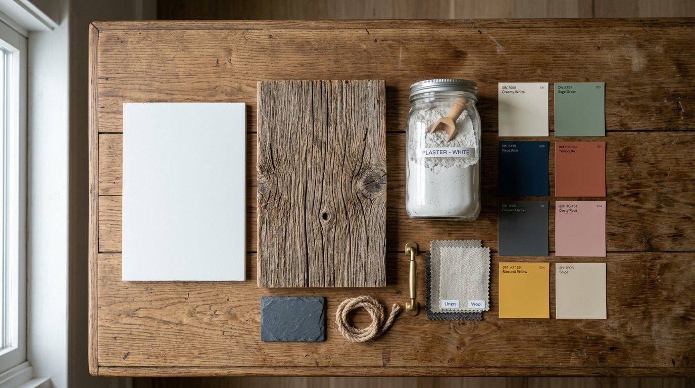 A flat lay of interior design samples including a wood plank, white plaster jar, fabric swatches, and paint color chips.
