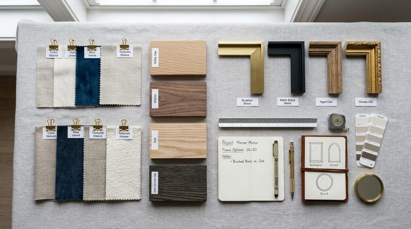 Flat lay showing various wood finishes, metal frame corners, fabric swatches, and design sketches on linen fabric.