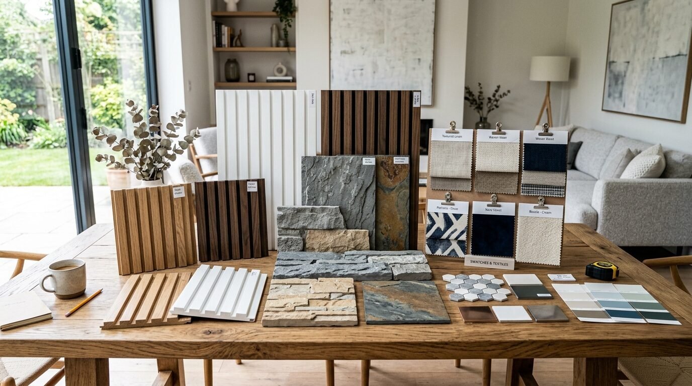 Wooden table covered in various interior design material samples, including slatted panels, stacked stone, and fabrics.