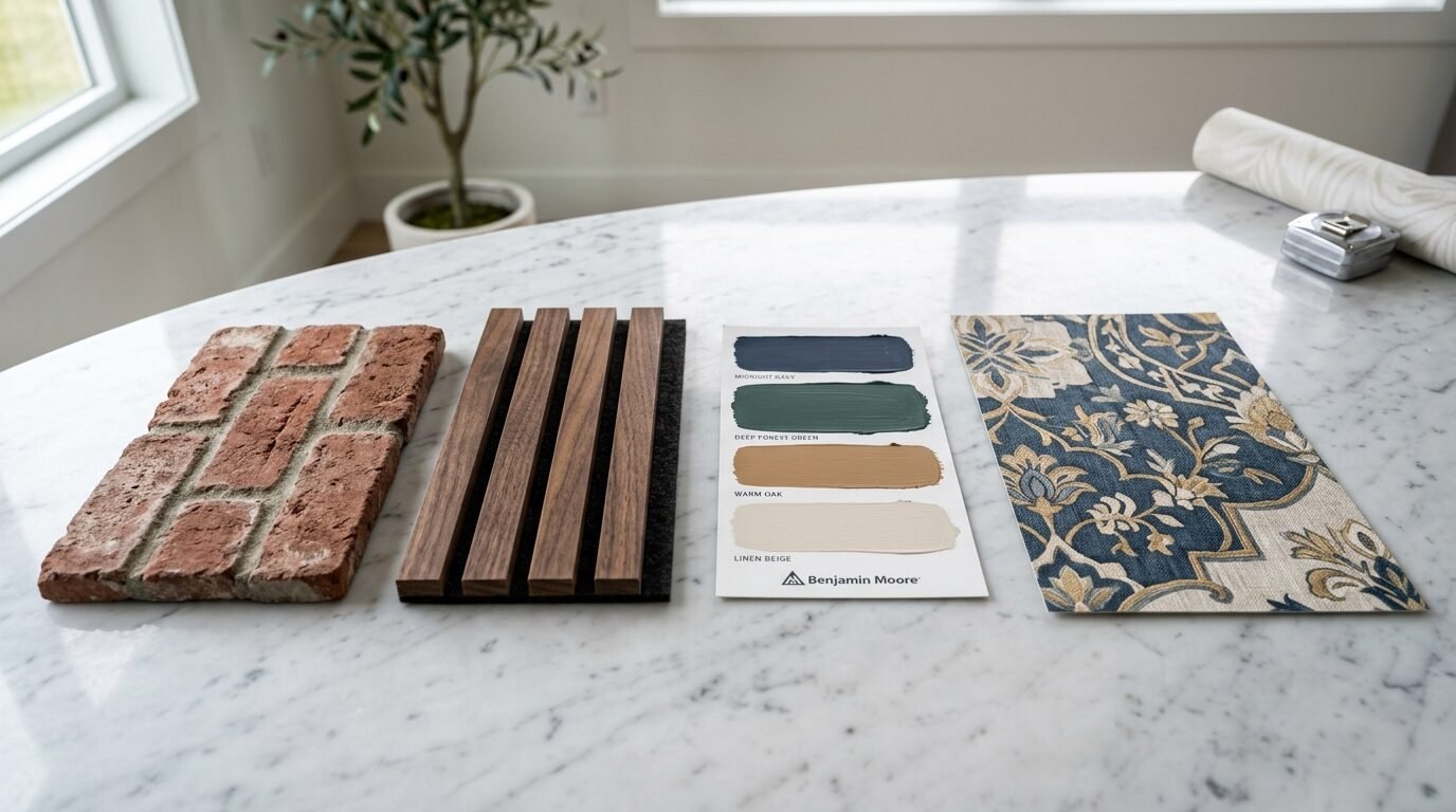Brick, wood slats, Benjamin Moore paint chips, and patterned blue fabric on a marble countertop.