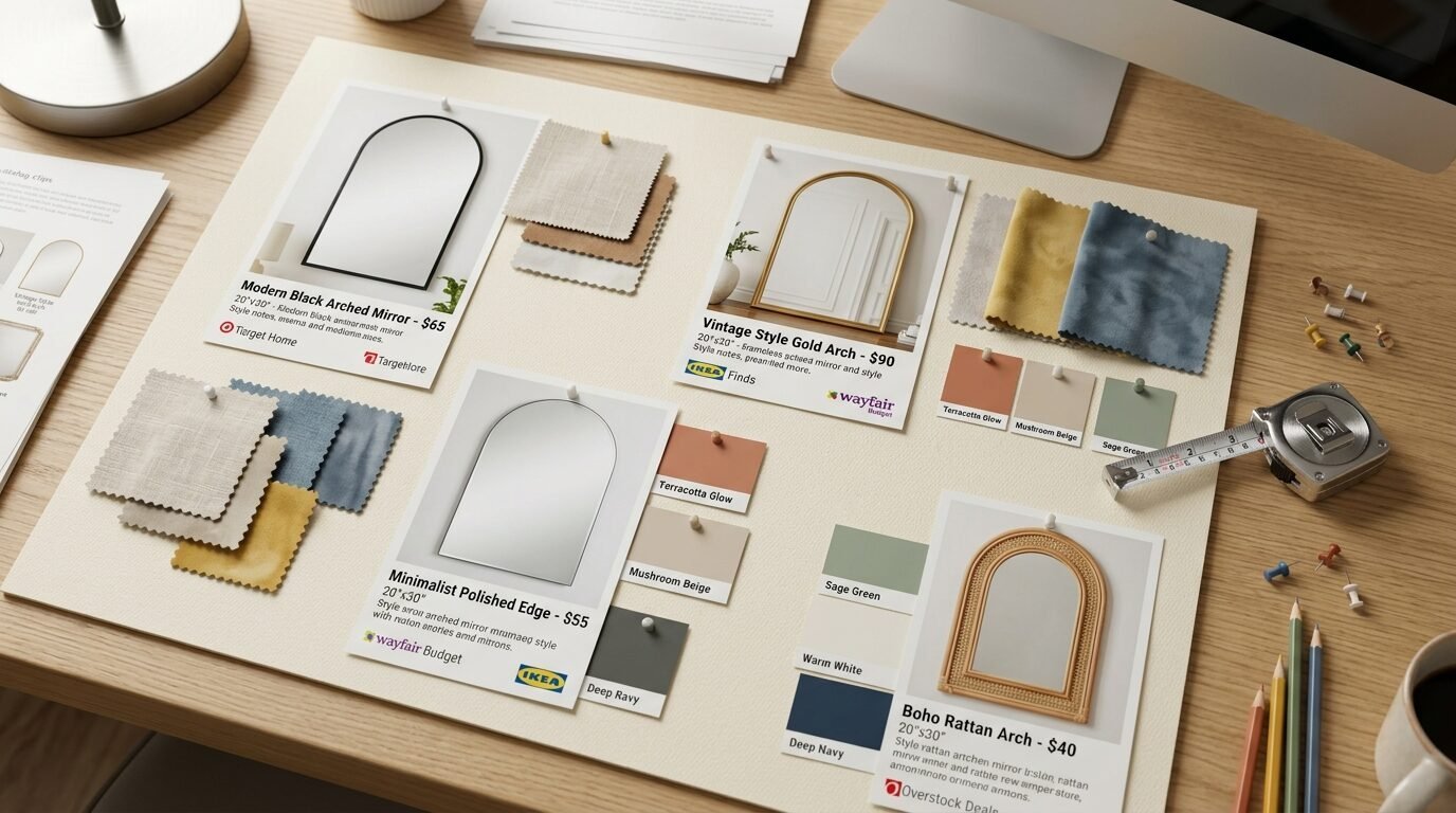 Desk surface displaying product cards with arched mirrors, fabric swatches, and paint color samples for decor planning.