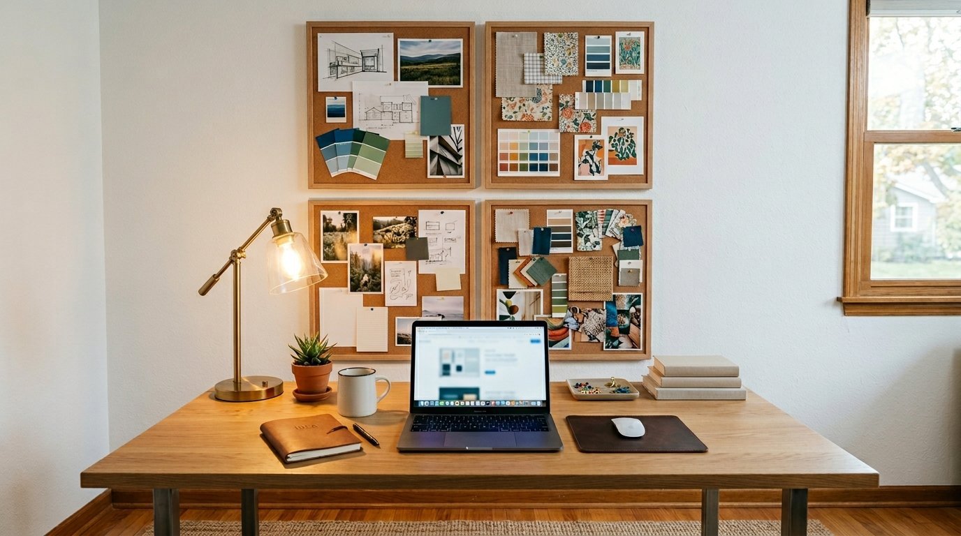 Laptop on a wooden desk with four cork boards covered in fabric swatches, color palettes, and architectural sketches.