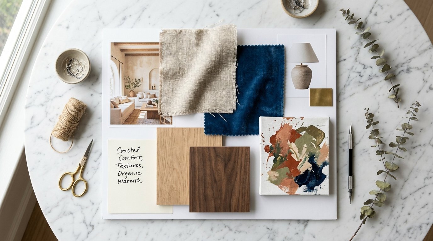 Top-down view of a design board with linen, blue velvet, wood squares, and abstract painting on marble table.